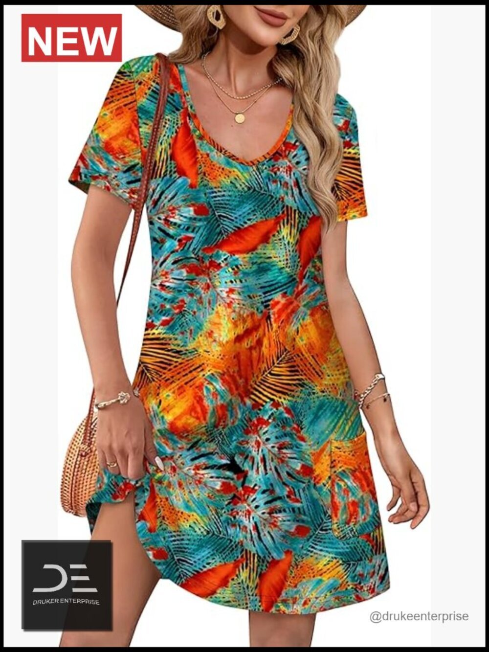 Loose V-Neck Short Sleeve Summer Dress with Pockets